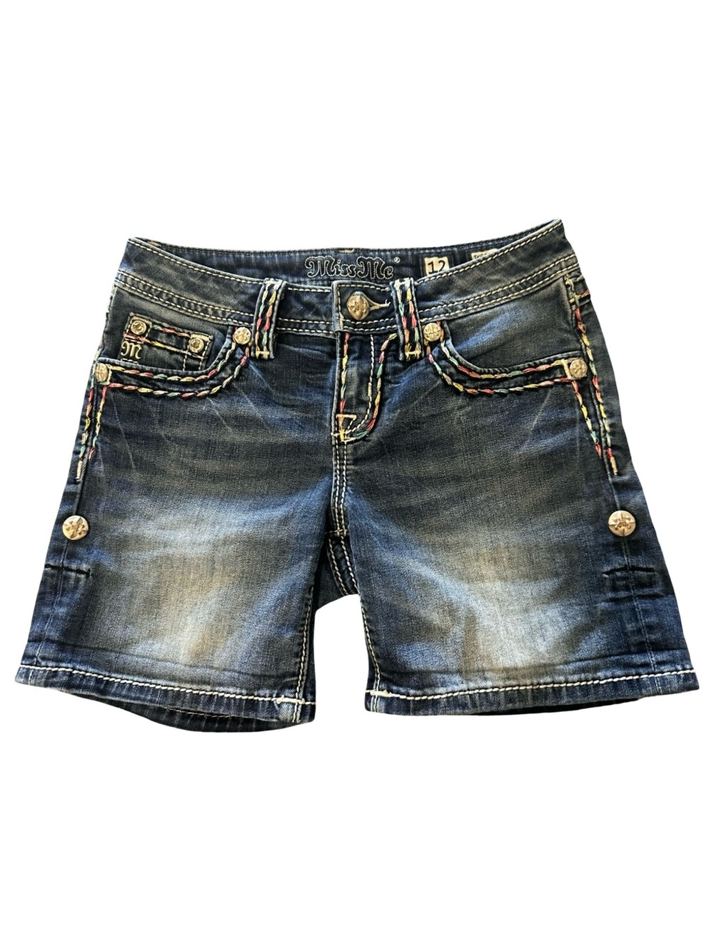 Miss Me Girls Denim Shorts Size 12 Multi Color Stitching Embellished Distressed